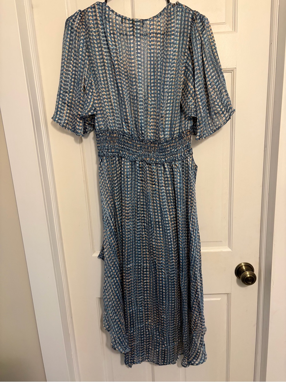 BCBGMaxAzria Blue Patterned High-Low Ruffle Midi Dress - Picture 2 of 4